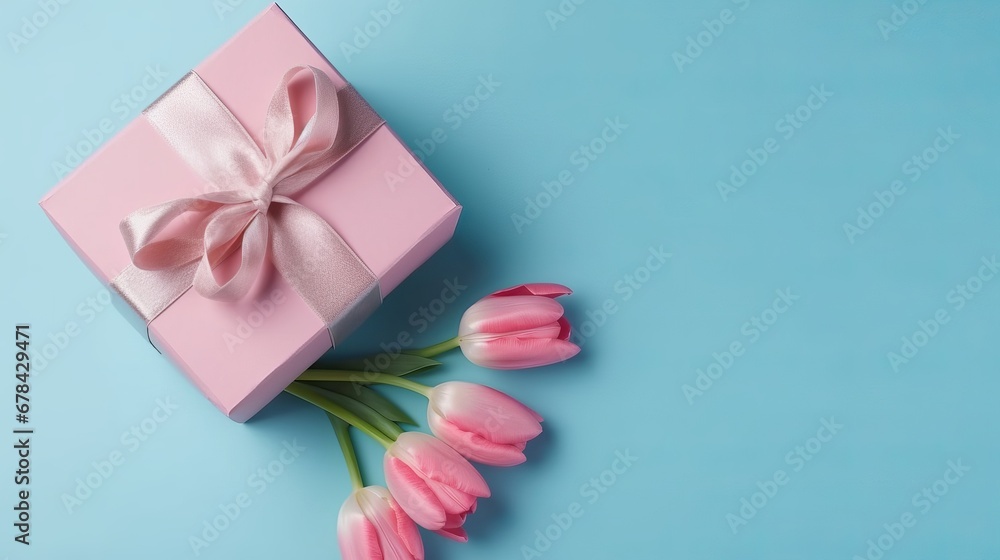 Mother's Day decorations concept. Top view photo of blue giftbox with ribbon bow and bouquet of pink tulips on isolated pastel pink background with copyspace. Holiday web banner. Top view. Tenderness Mother's Day decorations concept. Top view photo of blue giftbox with ribbon bow and bouquet of pink tulips on isolated pastel pink background with copyspace. Holiday web banner. Top view. Tenderness