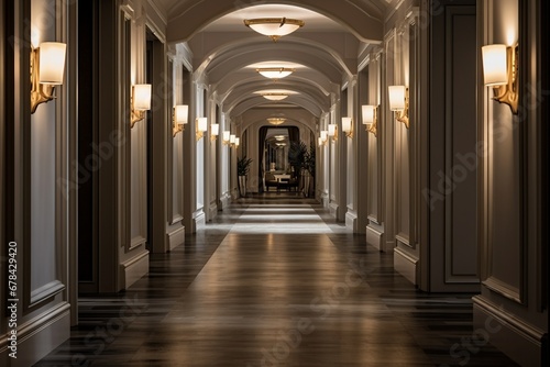  the interior of a luxury hotel corridor, with soft, ambient lighting and a sense of spaciousness. The corridor design combines modern elegance with classic elements. photo
