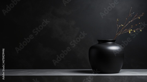  a black ceramic vase on a table against a glossy black marble background. The composition offers clean lines and ample negative space, making it perfect for a high-quality presentation. photo
