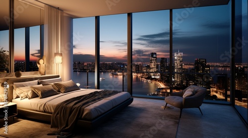  the bedroom of a luxury penthouse, with a king-sized bed, premium bedding, and floor-to-ceiling windows offering stunning views