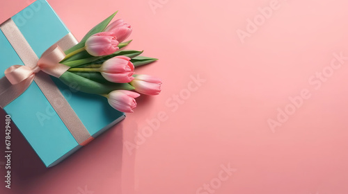 Mother's Day decorations concept. Top view photo of blue giftbox with ribbon bow and bouquet of pink tulips on isolated pastel pink background with copyspace. Holiday web banner. Top view. Tenderness #678429480