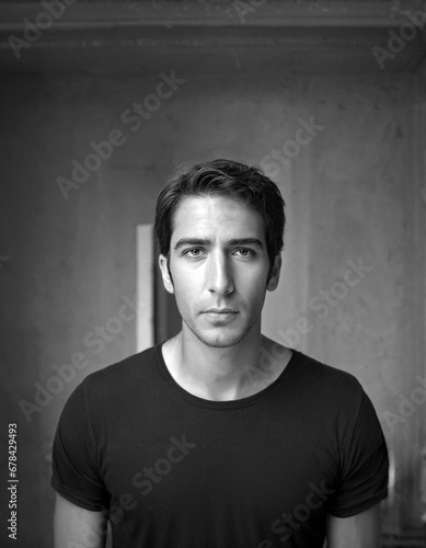 Dramatic black and white photo of a man wearing a black t-shirt, stoic, serious expression, confident, focused, sharp, caucasian man portrait, attractive, lifestyle