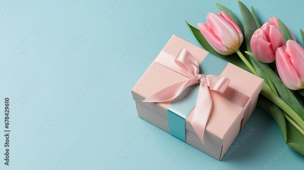Mother's Day decorations concept. Top view photo of blue giftbox with ribbon bow and bouquet of pink tulips on isolated pastel pink background with copyspace. Holiday web banner. Top view. Tenderness Mother's Day decorations concept. Top view photo of blue giftbox with ribbon bow and bouquet of pink tulips on isolated pastel pink background with copyspace. Holiday web banner. Top view. Tenderness