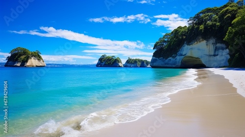 A picturesque and high-quality image of Cathedral Cove beach during a peaceful summer day, where the absence of people allows you to fully appreciate the natural wonder of this stunning location. © ZUBI CREATIONS