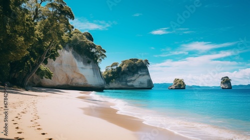 A picturesque and high-quality image of Cathedral Cove beach during a peaceful summer day  where the absence of people allows you to fully appreciate the natural wonder of this stunning location.