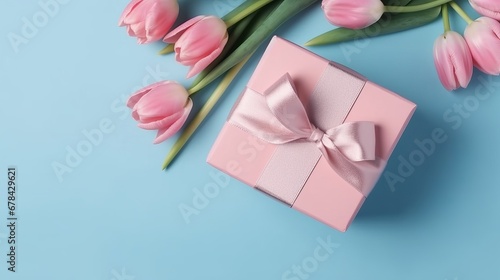 Mother's Day decorations concept. Top view photo of blue giftbox with ribbon bow and bouquet of pink tulips on isolated pastel pink background with copyspace. Holiday web banner. Top view. Tenderness © IC Production