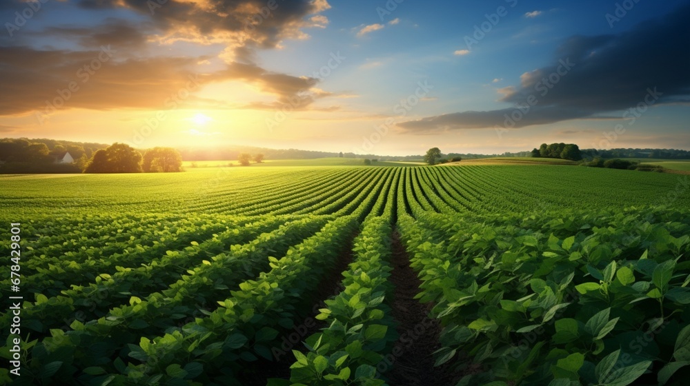  the abundance of a soy plantation in an agricultural landscape. The green soybean plants create a visually appealing and high-quality scene of agricultural growth. - obrazy, fototapety, plakaty 