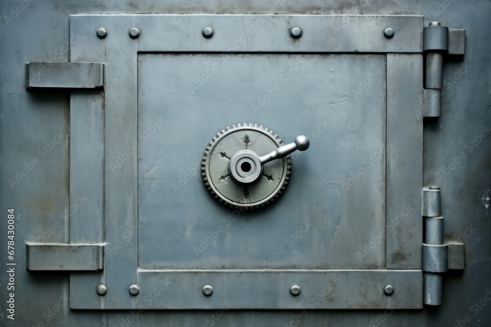 Front view of closed door on old security safe box   bank vault entrance   metal door background