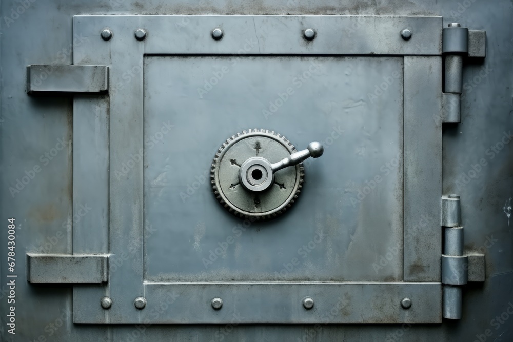 Front view of closed door on old security safe box bank vault entrance metal door background Front view of closed door on old security safe box bank vault entrance metal door background