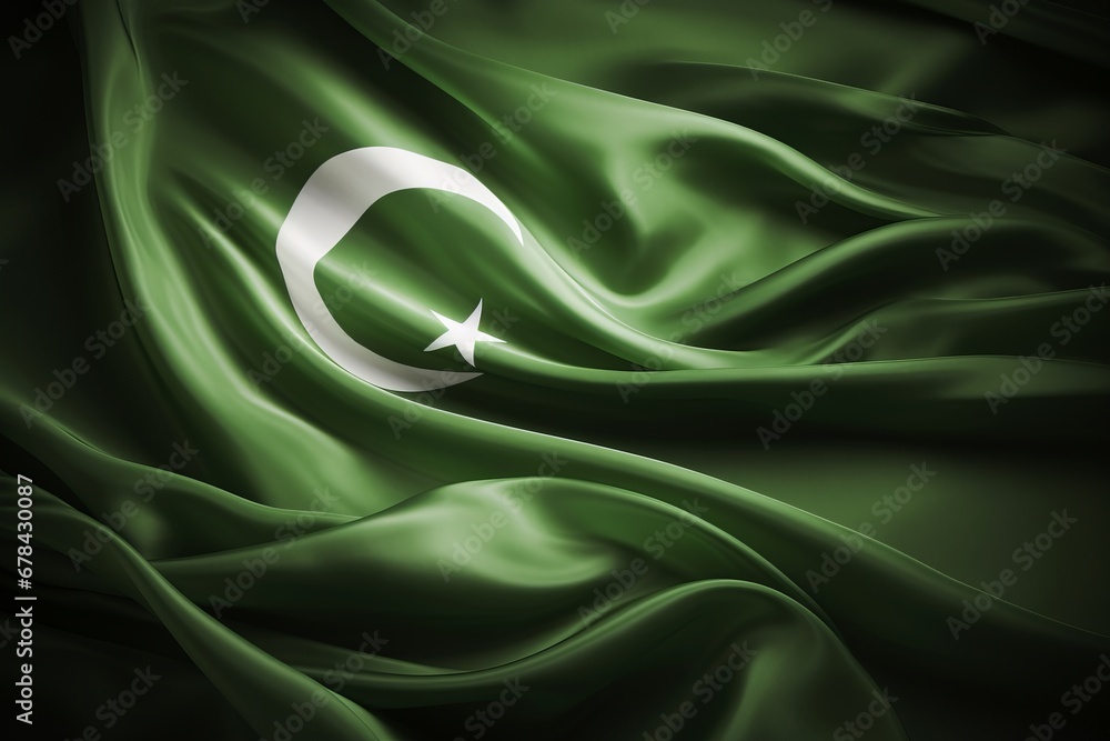 Obraz premium Pakistan independence day celebration waving flag with fabric texture, copy space available