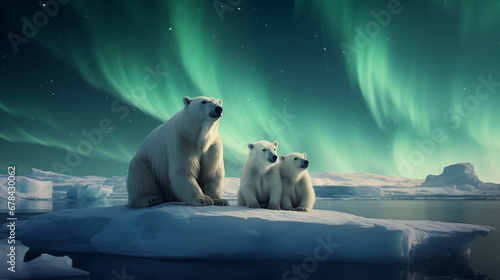 polar bear mon and cubs looking at northern lights	 photo