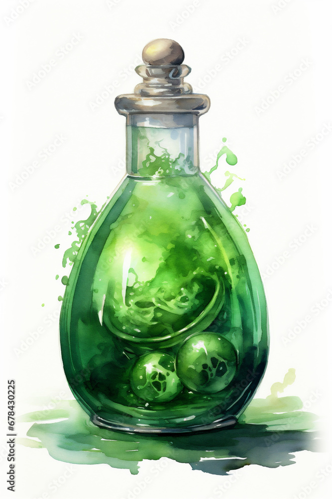 Watercolor Painting, Green Halloween Spell in a Glass Bottle, Generative AI Watercolor Painting, Green Halloween Spell in a Glass Bottle, Generative AI