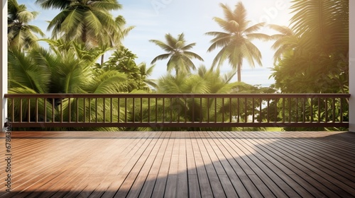 A realistic and well-lit photograph featuring a wooden balcony patio deck with a picturesque view of coconut trees.