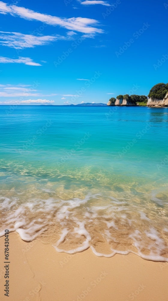 A realistic and well-lit photograph showcasing Cathedral Cove beach on a bright summer day, with no people around. The panoramic view accentuates the unspoiled natural beauty of the coastal landscape.