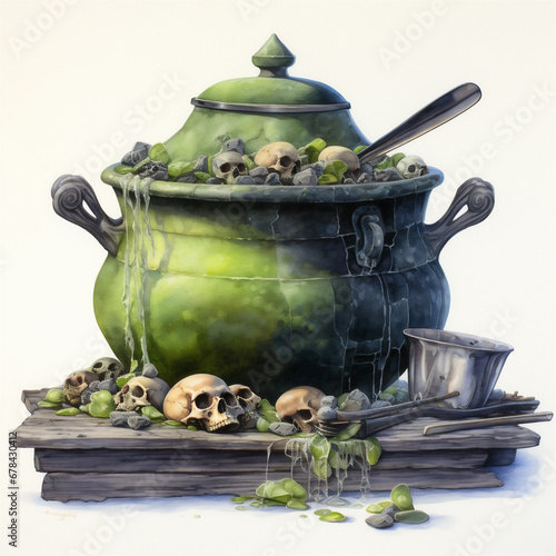 Watercolor Painting, Witch's Cauldron with a Green Mixture Containing Bones and Skulls, Generative AI