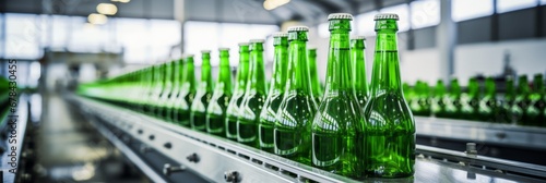 Efficient automated equipment filling beverages into glass bottles at a modern manufacturing plant photo