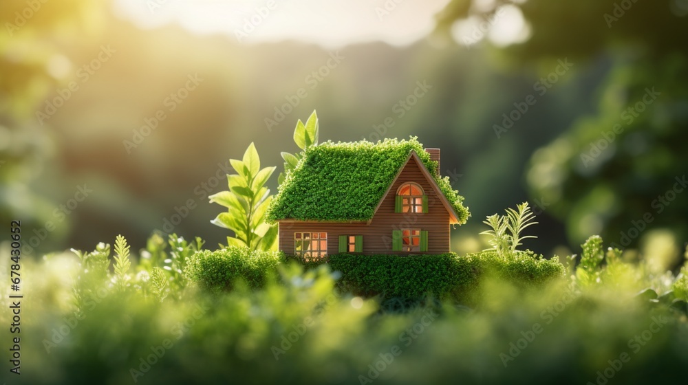 A realistic and well-lit image showcasing the eco-friendly architecture of a house harmoniously integrated into its green surroundings. A realistic and well-lit image showcasing the eco-friendly architecture of a house harmoniously integrated into its green surroundings.