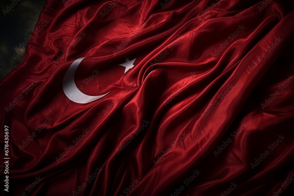 Waving turkish flag on independence day with fabric texture background and copy space - obrazy, fototapety, plakaty 