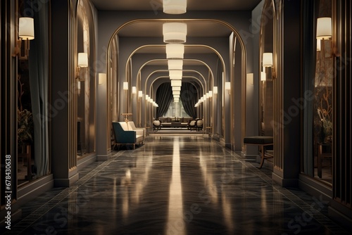 the interior of a luxury hotel corridor, with soft, ambient lighting and a sense of spaciousness. The corridor design combines modern elegance with classic elements. photo