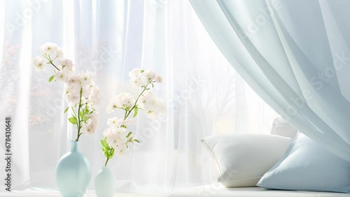A calming, springinspired scene with a pastel blue backdrop illuminated by gentle sunlight peeking through white curtains. The play of light and shadow creates a tranquil atmosphere, ideal photo