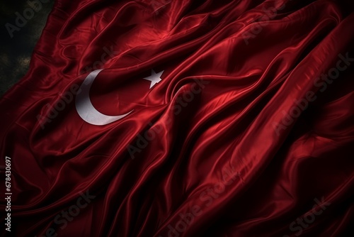 Waving turkish flag on independence day with fabric texture background and copy space photo