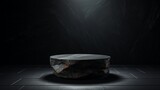 A realistic and well-lit image showcasing the beauty of a black stone pedestal or platform against a deep dark background.