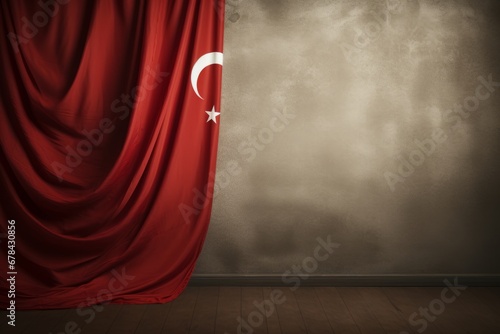 Turkish independence day flag waving with fabric texture background and copy space for design