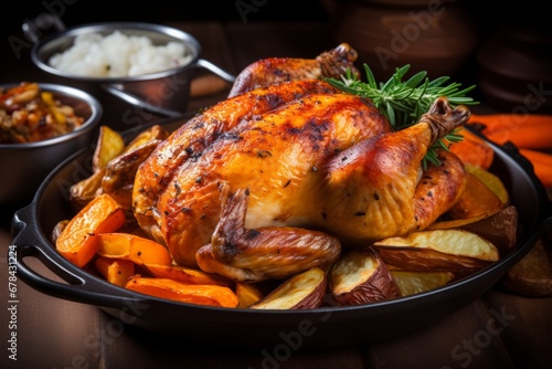 Mouthwatering roast chicken with a tantalizing aroma, perfectly cooked in a sizzling pan