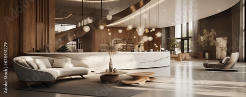 the interior of a boutique hotel's lobby, with the reception desk as the central feature. The decor combines modern and traditional elements, creating a welcoming and stylish space.