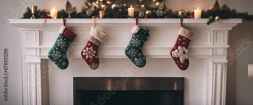 Christmas stockings hanging from fireplace mantel photo