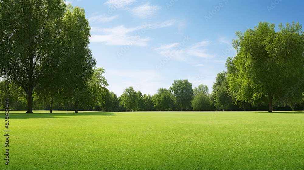 a pristine green lawn framed by trees, offering a visually appealing nature background concept. The clear blue sky provides ample space for customization with text or design elements.