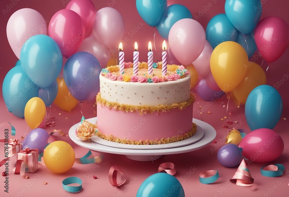 Joyful Celebration: Happy Birthday Cake and Colorful Balloons Arrangement Joyful Celebration: Happy Birthday Cake and Colorful Balloons Arrangement
