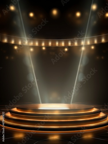 Round podium illuminated by searchlights, COPY SPACE, generative ai