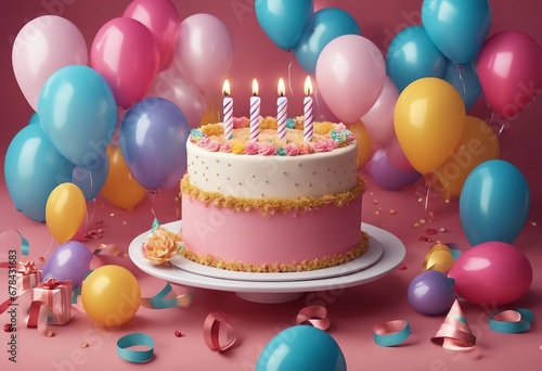 Joyful Celebration  Happy Birthday Cake and Colorful Balloons Arrangement