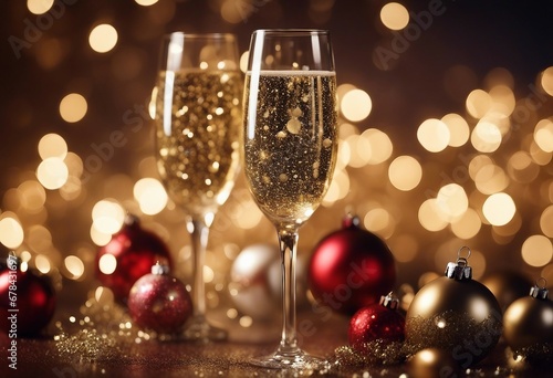 Two Full Champagne Glasses Adorned with Christmas Baubles on a Starry Holiday Background with Glitter and Twinkling Lights