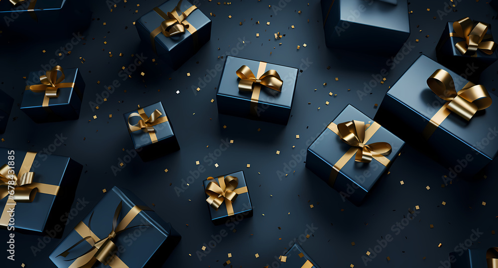 black gift boxes with gold ribbons on a blue background, in the style ...