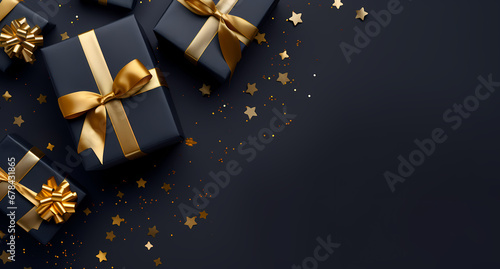 a bunch of gifts wrapped in ribbons and gold ribbons on a dark blue background, in the style of dark gray and dark black, aerial view, rtx on, poured resin, stylish, soft-edged, simple