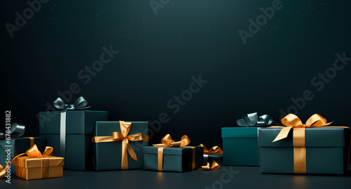 black & gold gift boxes on the backdrop of a dark green background, in the style of dark azure, rtx on, aerial view, captivating, dark gray photo