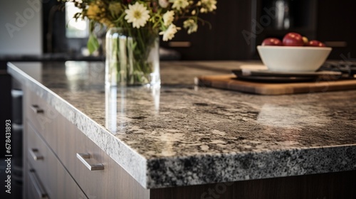 a marble granite kitchen counter island, highlighting the intricate veining and details of the stone surface. 