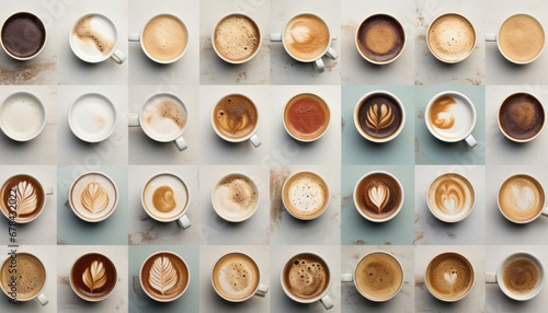 Multiple coffee mugs arranged on a white stone table, captured from an overhead view. photo