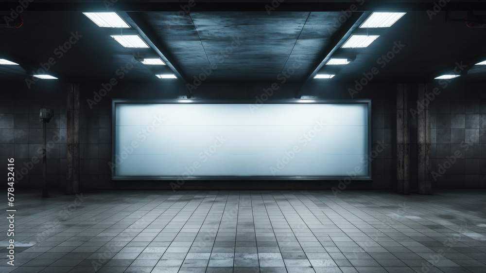 Blank billboard in subway, lightbox poster mockup in dark corridor. Empty screen for advertising in metro hallway. Concept of station, display, background, underground, wall