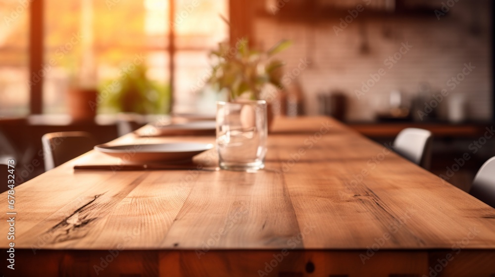 a clean, wooden kitchen table set against a softly blurred background, creating a peaceful and tidy dining space in the midst of culinary activities. a clean, wooden kitchen table set against a softly blurred background, creating a peaceful and tidy dining space in the midst of culinary activities.