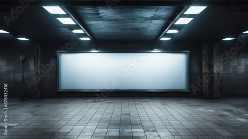 Blank billboard in subway, lightbox poster mockup in dark corridor. Empty screen for advertising in metro hallway. Concept of station, display, background, underground, wall