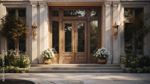 a meticulously crafted designer entrance door to a modern country house, set amidst a backdrop of a luxurious exterior and a beautifully landscaped backside garden. photo