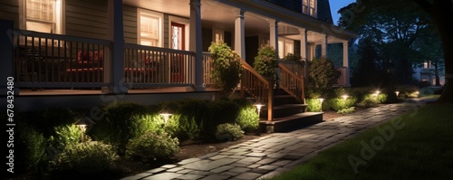 a house's front yard and walkway, seamlessly transitioning from daylight to nighttime illumination. The image showcases the architectural details and the inviting ambiance created by the lighting. © ZUBI CREATIONS