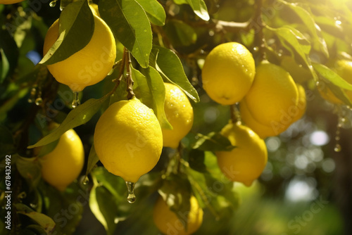 Lemons hanging on tree fresh in sunlight, Generative AI