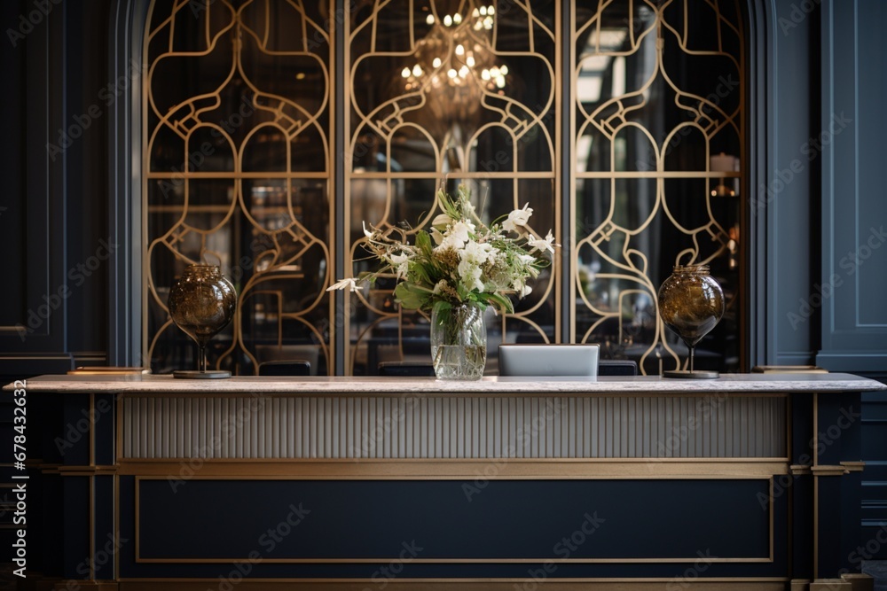 the reception desk in a boutique hotel lobby, highlighting the intricate details of the design, including the front desk arrangement, lighting, and decor, which exude charm and elegance.