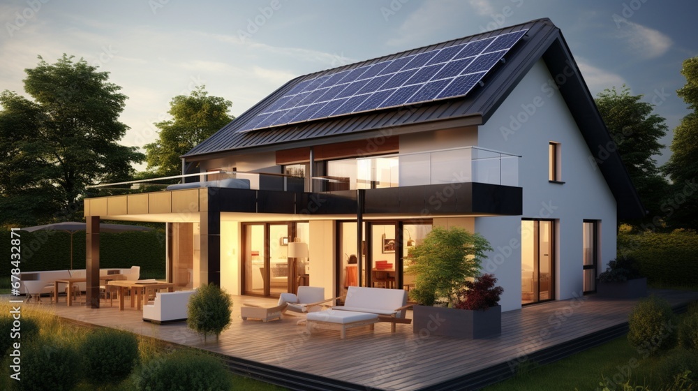 a modern, high-quality home with solar panels seamlessly integrated into the gable roof.