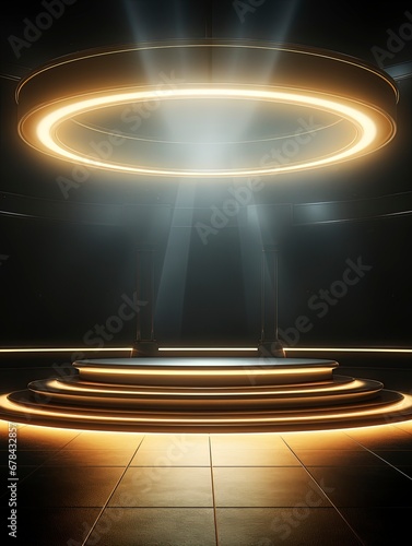 Round podium illuminated by searchlights, COPY SPACE, generative ai