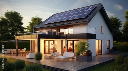 a modern, high-quality home with solar panels seamlessly integrated into the gable roof. © ZUBI CREATIONS